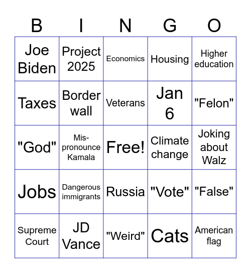 Trump vs Harris Debate Bingo Card