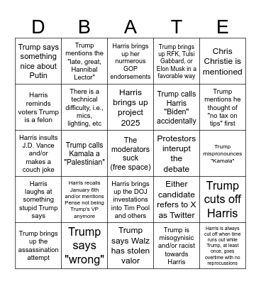 September 2024 Presidential Debate Bingo Card