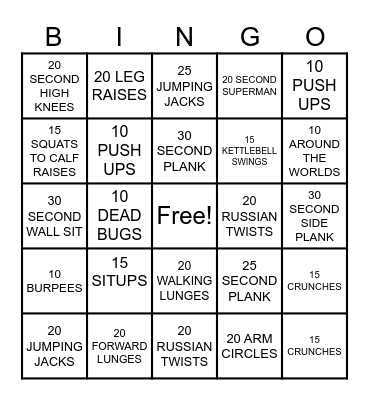 Fitness Bingo Card