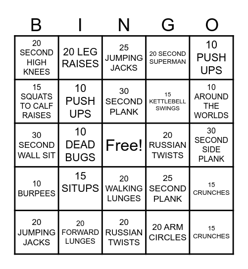 Fitness Bingo Card