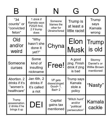 Harris - Trump Debate BINGO Card