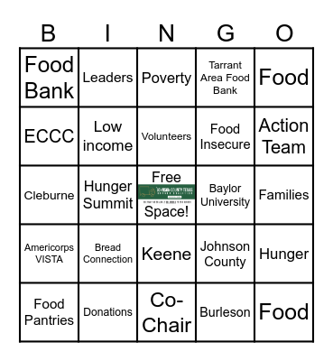 Johnson County Hunger Summit Bingo Card