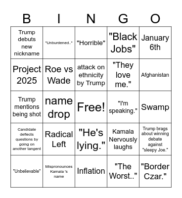 Harris Vs Trump Presidential Debate 2024 Bingo Card