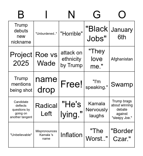 Harris Vs Trump Presidential Debate 2024 Bingo Card