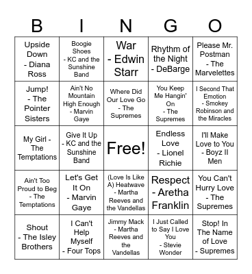 Motown Soul Number Ones Bingo Card