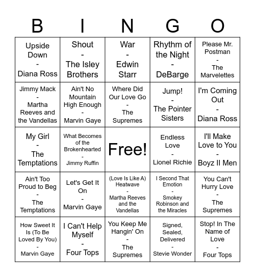 Motown Soul Number Ones Bingo Card