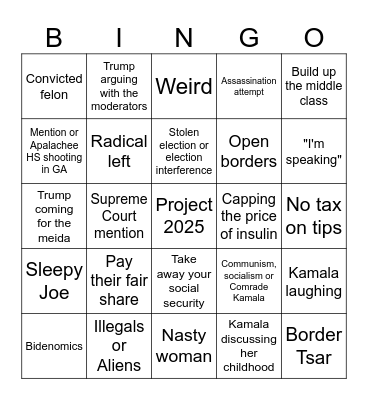 Presidential Debate BINGO Card