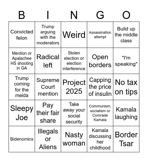 Presidential Debate BINGO Card