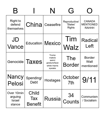 9/10 2024 Presidential Bingo Kamala Harris vs Donald Trump (Bacon Edition) Bingo Card