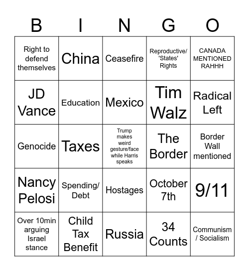 9/10 2024 Presidential Bingo Kamala Harris vs Donald Trump (Bacon Edition) Bingo Card