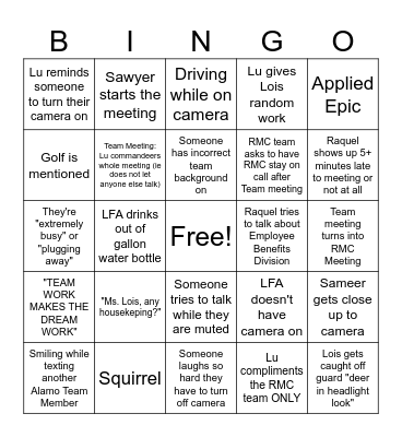Weekly Team Meeting Bingo Card