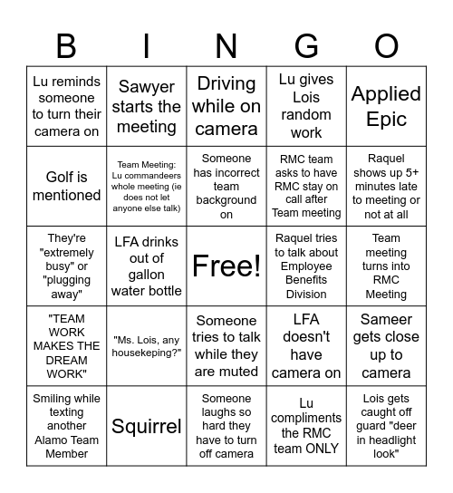 Weekly Team Meeting Bingo Card