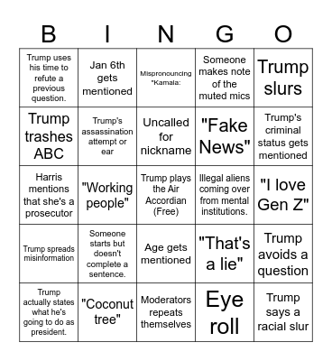 Harris v Trump Bingo Card