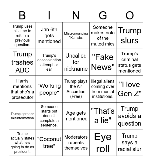 Harris v Trump Bingo Card