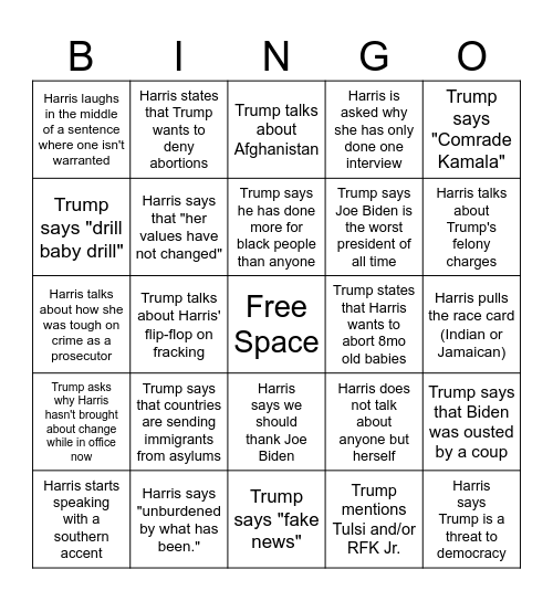 Trump v Harris Bingo Card