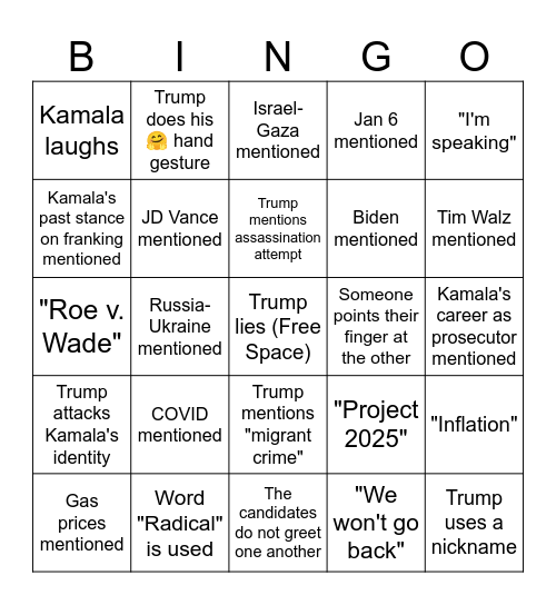 Darren's Presidential Debate Bingo Card