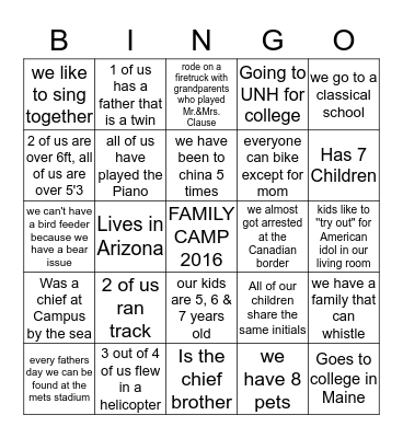 FAMILY CAMP BINGO 2016  Bingo Card