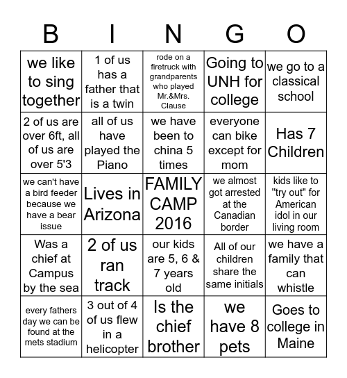 FAMILY CAMP BINGO 2016  Bingo Card