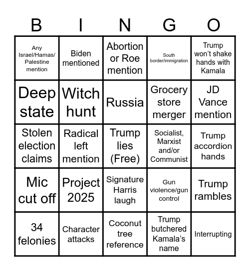 Harris/Trump Bingo Card