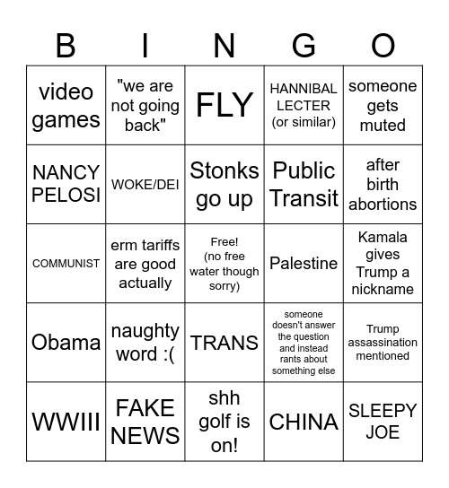 2024 Harris vs Trump Debate Bingo Card