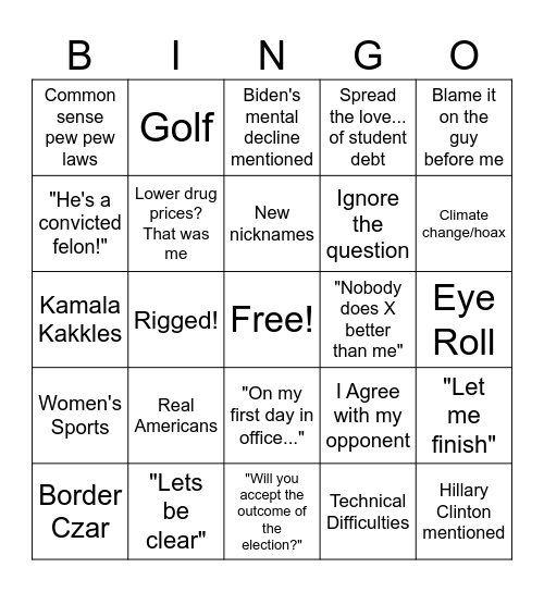 Presidential Debate Bingo Card