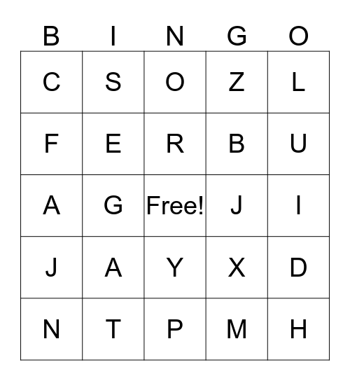 English Alphabet Bingo Card