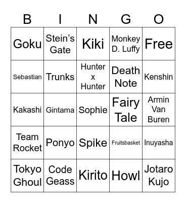 Anime Bingo Card