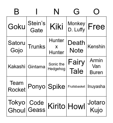 Anime Bingo Card