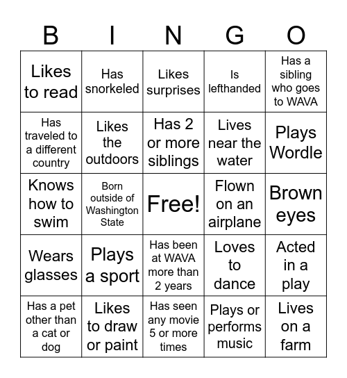 Team 7B Bingo Card