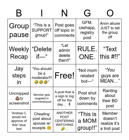 Momming Unfiltered Bingo Pt. 2 Bingo Card