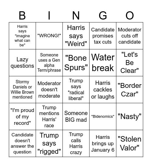 10 Sept 2024 Debate Bingo Card