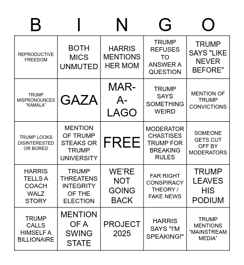 Harris Trump Debate Bingo Card