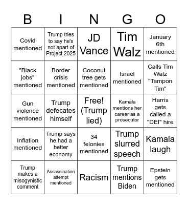 Presidential debate Bingo Card