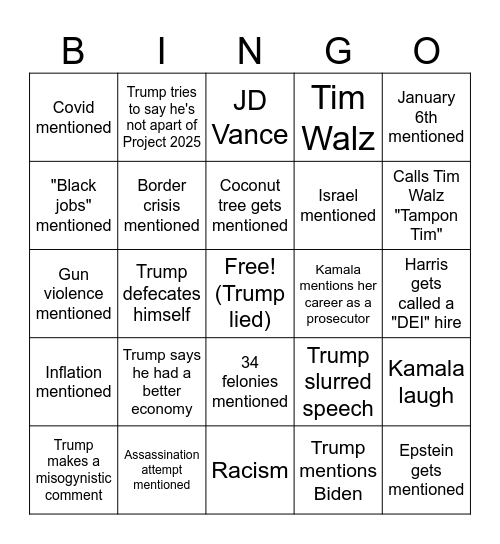 Presidential debate Bingo Card