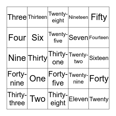 English Numbers 1-50 Bingo Card