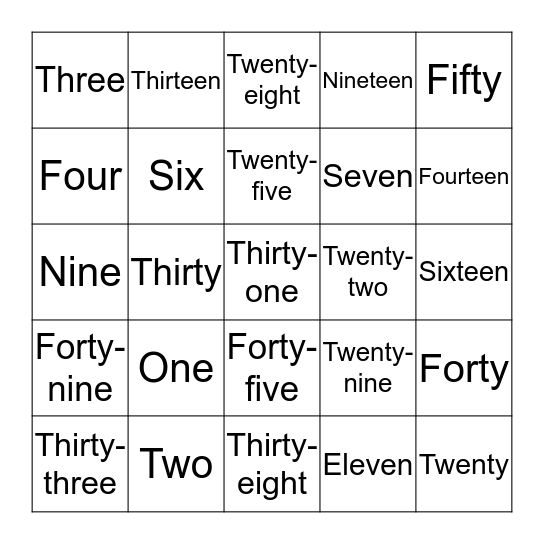 English Numbers 1-50 Bingo Card