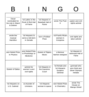 Notable Hispanic Americans Bingo Card