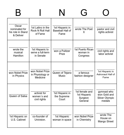 Notable Hispanic Americans Bingo Card