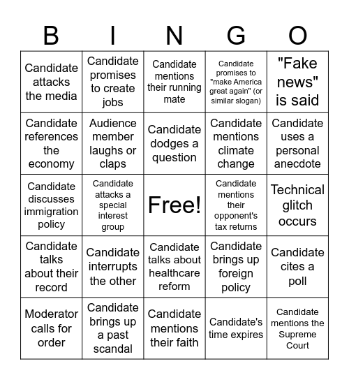 Presidential Debate Bingo Card