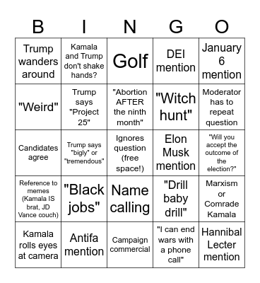 2024 Presidential Debate Bingo Card