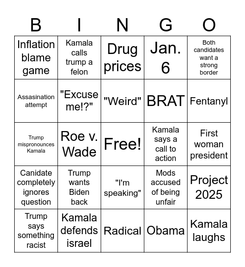 Presidential debate bingo Card