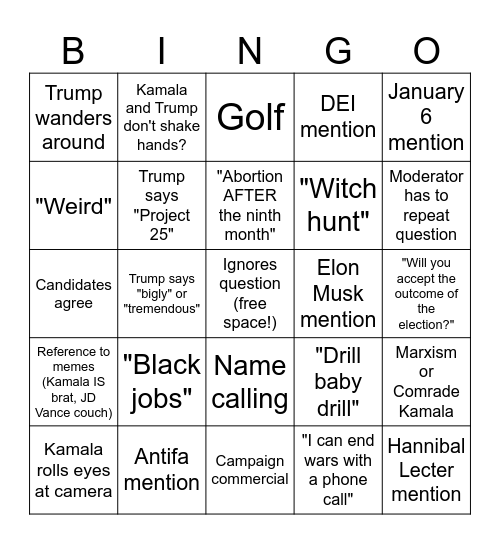 2024 Presidential Debate Bingo Card