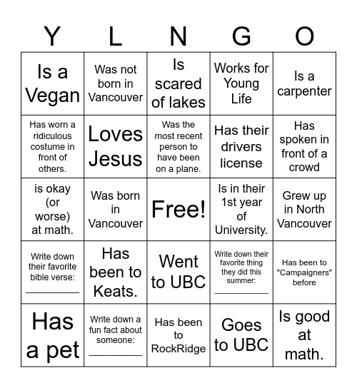 YL Leader Meeting Bingo Card