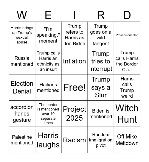 Trump VS Harris Bingo Card