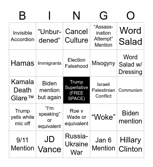 Harris Trump Bingo Card