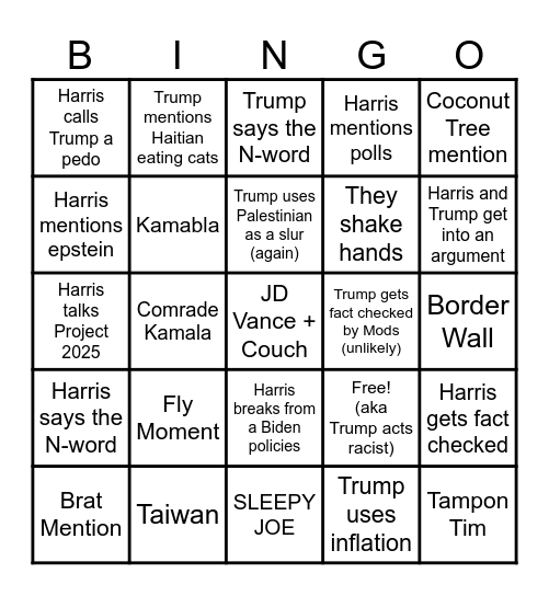 Harris v. Trump Debate Bingo Card