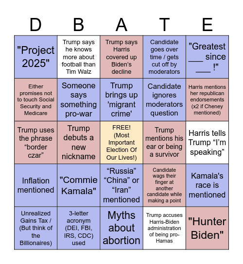 2024 Presidential Debate Bingo Card