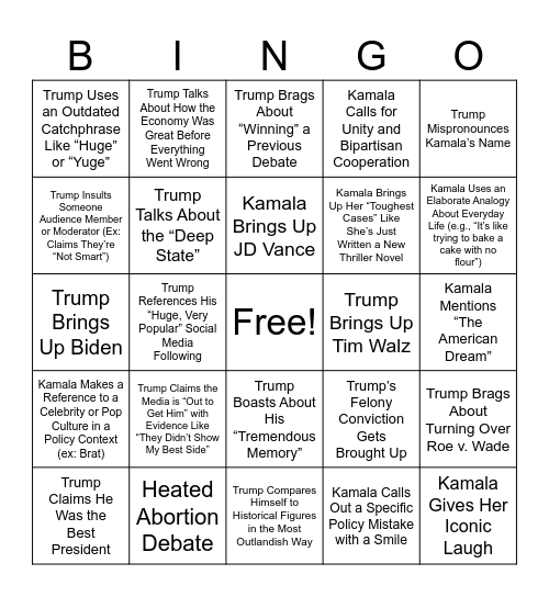 Presidential Debate Bingo Card