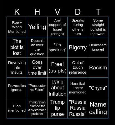 Harris v Trump Debate Bingo 2024 Bingo Card