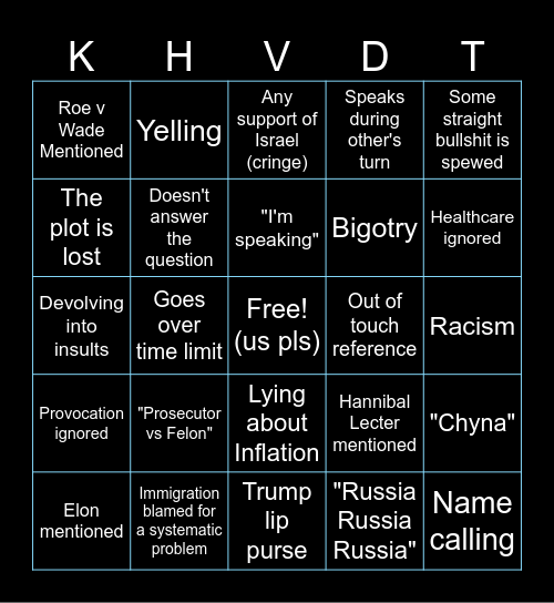 Harris v Trump Debate Bingo 2024 Bingo Card
